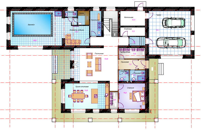 Проект дома с гаражом и сауной с бассейном